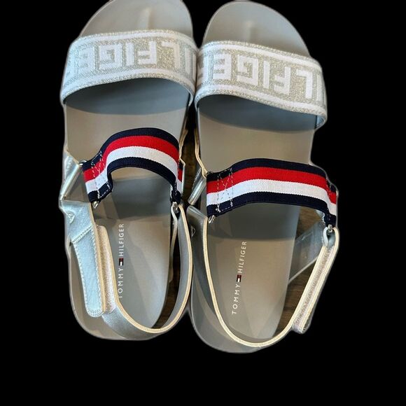 Tommy Hilfiger Womens SZ 9 Beckett Silver Platform Sandals Red White Blue Stripe - Picture 2 of 6